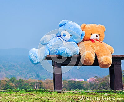 Big teddy bears sitting on wood chair