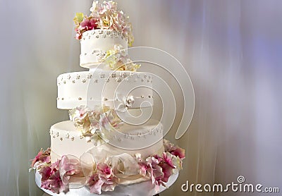 Big white wedding cake decorated