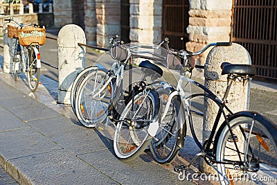 Bikes parked on streets of European city