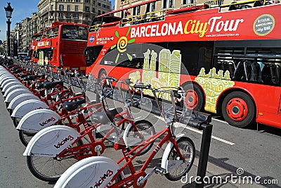 Bikes and Tourist Bus in Barcelona, Spain