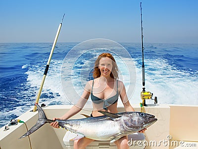 Bikini Fisher Woman Holding Bluefin Tuna On Boat Royalty Free Stock 