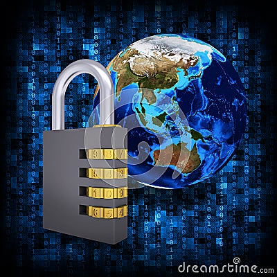 Binary code and Earth with combination lock