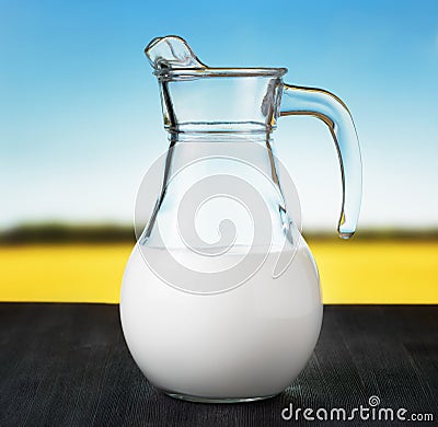 Jug of milk on meadow background