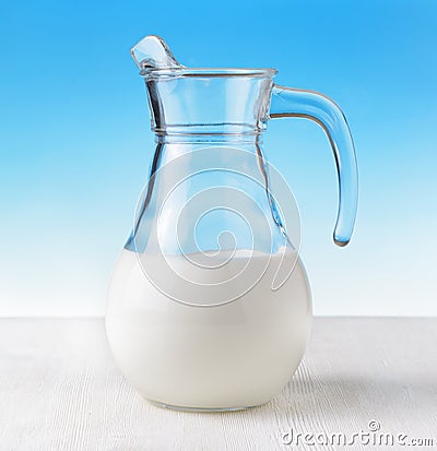 Jug of milk on sky background