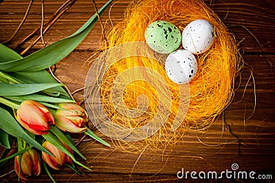 Birds eggs in nest with tulip flowers