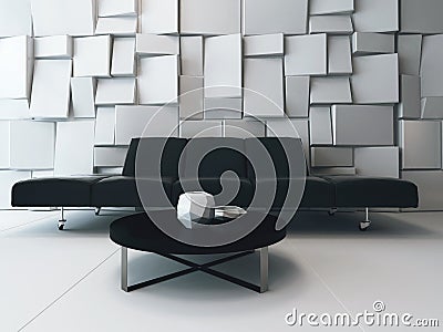 Black couch in front of white ornamental wall