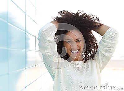 Black female fashion model smiling