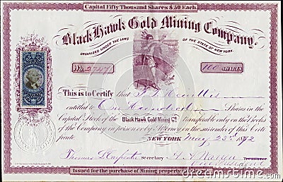 1872 Black Hawk Gold Mining Company Stock Certificate - Colorado Territory