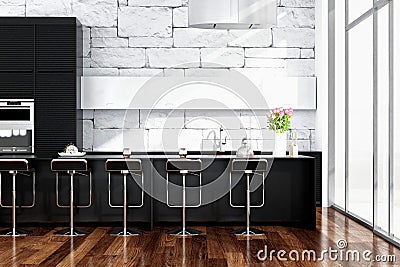 Black kitchen interior with modern furniture
