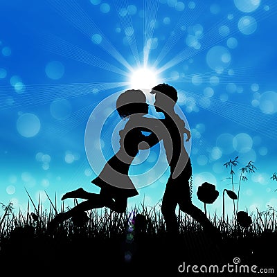 Couple silhouette on grass field