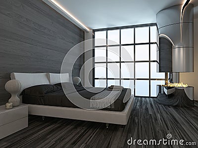 Black style bedroom interior with fireplace