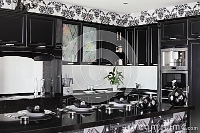 Black and white modern kitchen with stylish furniture