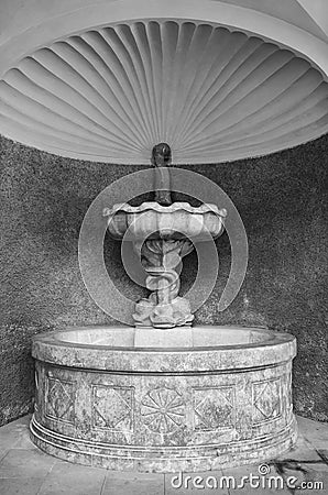 Black and white picture of nice stone fountain