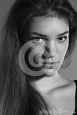 Black white portrait of young woman. Model shooting