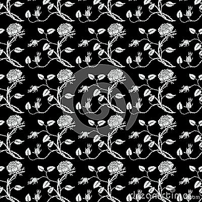 Black and white roses repeat seamless pattern