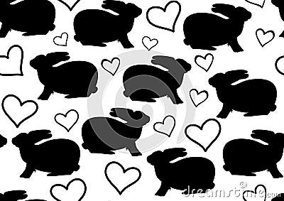 Black and white vector seamless pattern with rabbits and hearts