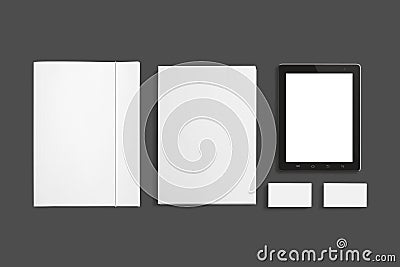 Blank Stationery set isolated on grey. Consist of Business cards