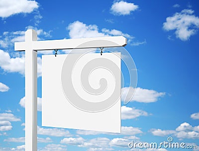 Blank white sign against deep blue sky background