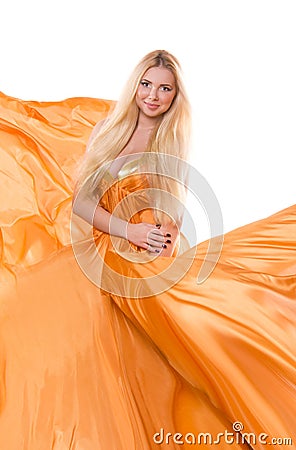 Blonde girl in orange flying dress