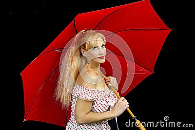 Blonde Girl with Red Umbrella