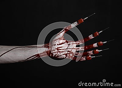 Bloody hand with syringe on the fingers, toes syringes, hand syringes, horrible bloody hand, halloween theme, zombie doctor, black