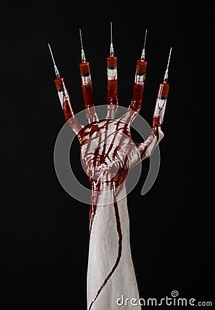 Bloody hand with syringe on the fingers, toes syringes, hand syringes, horrible bloody hand, halloween theme, zombie doctor, black