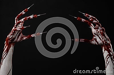 Bloody hand with syringe on the fingers, toes syringes, hand syringes, horrible bloody hand, halloween theme, zombie doctor, black