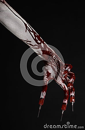 Bloody hand with syringe on the fingers, toes syringes, hand syringes, horrible bloody hand, halloween theme, zombie doctor, black