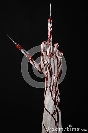 Bloody hand with syringe on the fingers, toes syringes, hand syringes, horrible bloody hand, halloween theme, zombie doctor, black