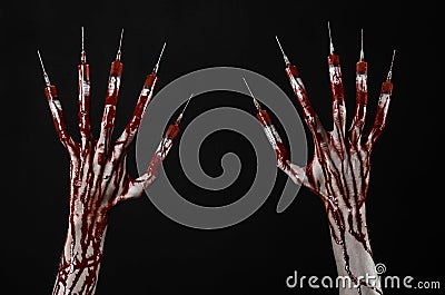 Bloody hand with syringe on the fingers, toes syringes, hand syringes, horrible bloody hand, halloween theme, zombie doctor, black