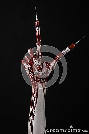 Bloody hand with syringe on the fingers, toes syringes, hand syringes, horrible bloody hand, halloween theme, zombie doctor, black