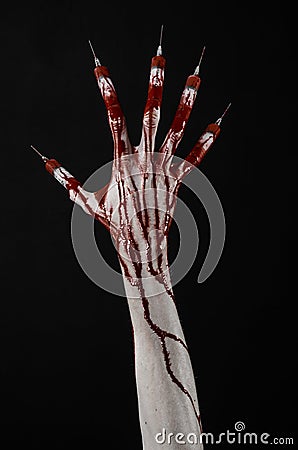 Bloody hand with syringe on the fingers, toes syringes, hand syringes, horrible bloody hand, halloween theme, zombie doctor, black