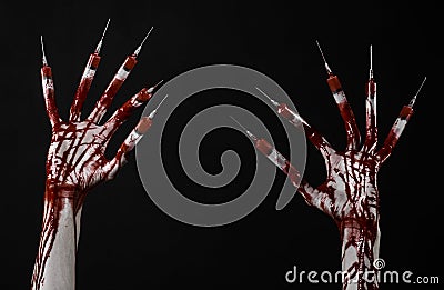 Bloody hand with syringe on the fingers, toes syringes, hand syringes, horrible bloody hand, halloween theme, zombie doctor, black