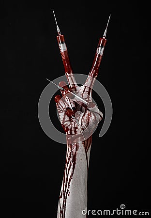 Bloody hand with syringe on the fingers, toes syringes, hand syringes, horrible bloody hand, halloween theme, zombie doctor, black