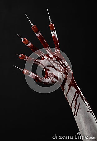 Bloody hand with syringe on the fingers, toes syringes, hand syringes, horrible bloody hand, halloween theme, zombie doctor, black