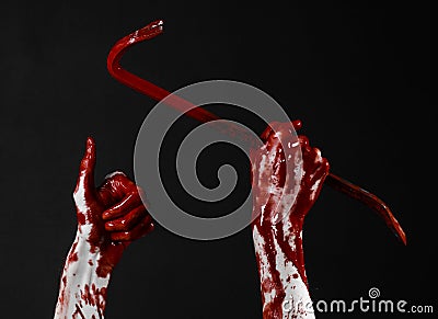 Bloody hands with a crowbar, hand hook, halloween theme, killer zombies, black background, isolated, bloody crowbar