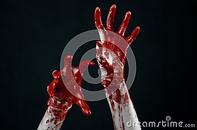 Bloody hands in white gloves, a scalpel, a nail, black background, zombie, demon, maniac