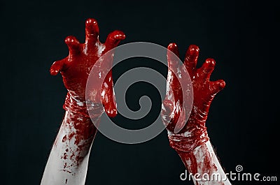 Bloody hands in white gloves, a scalpel, a nail, black background, zombie, demon, maniac