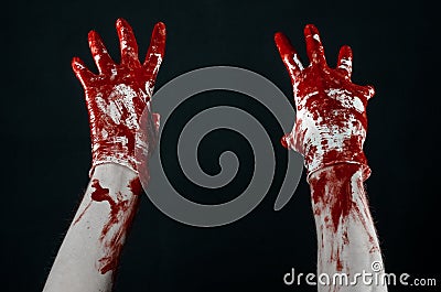 Bloody hands in white gloves, a scalpel, a nail, black background, zombie, demon, maniac