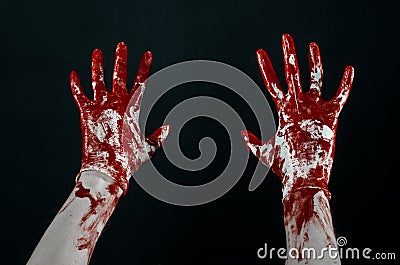 Bloody hands in white gloves, a scalpel, a nail, black background, zombie, demon, maniac