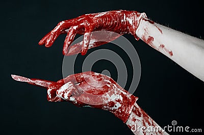 Bloody hands in white gloves, a scalpel, a nail, black background, zombie, demon, maniac