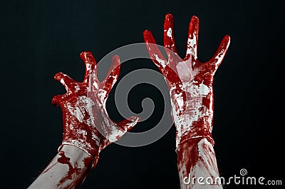 Bloody hands in white gloves, a scalpel, a nail, black background, zombie, demon, maniac