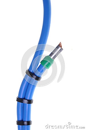 Blue electrical cables with cable ties