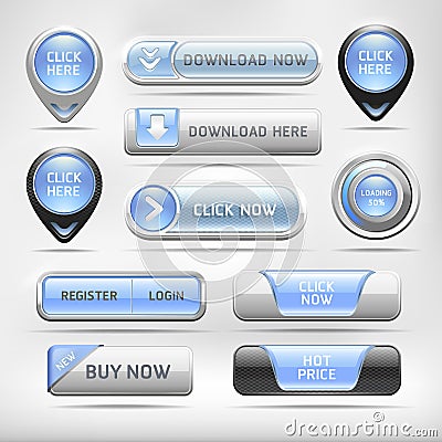 Blue Glossy Web Elements Button Set.
