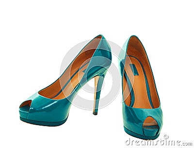 Pair of dress blue green women shoes isolated over white wiht clipping ...