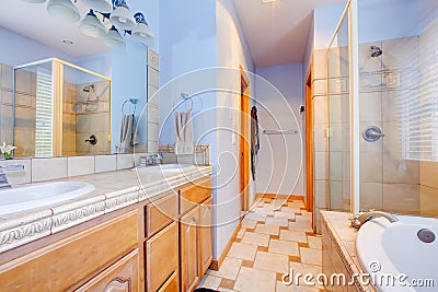 Blue large bathroom with tub and shower.