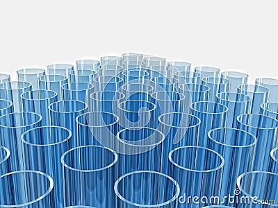 Blue reflective laboratory test tubes on white