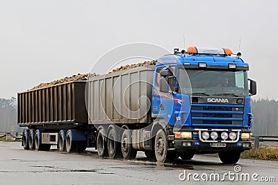 Blue Scania 164G Trailer Truck Hauls Sugar Beet