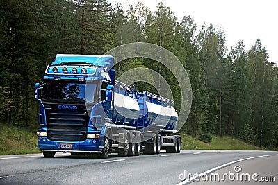 Blue Scania Tank Truck on the Road