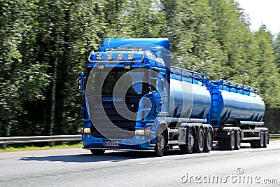 Blue Scania Tanker Truck in High Speed